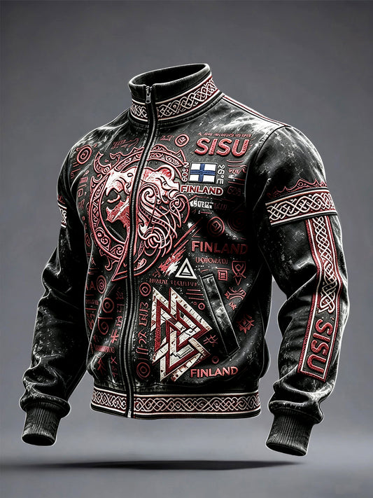 Miesten Suomi Sisu Tulosta Black Casual Zip-Up Taki