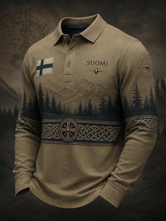 Miesten pitkähihainen poolopaita suomalaisviking-henkisellä graafisella painokuviossa