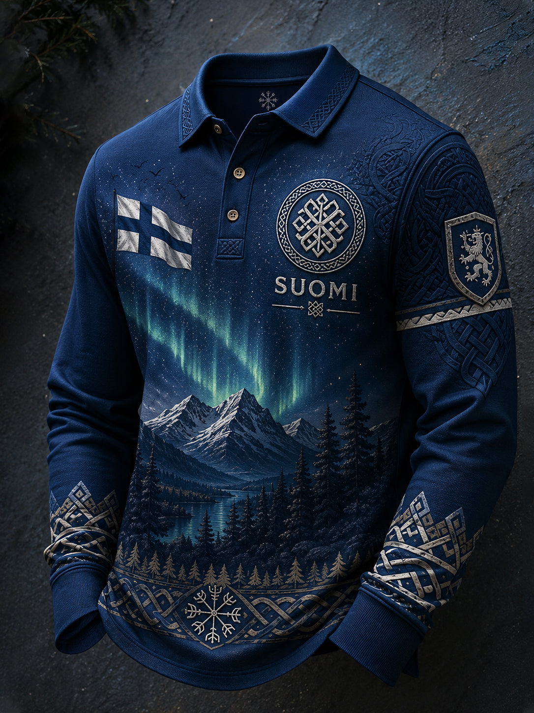 Miesten pitkähiha Polo-paita suomalaisella viikinki-inspiroitumalla graafisella tulosta