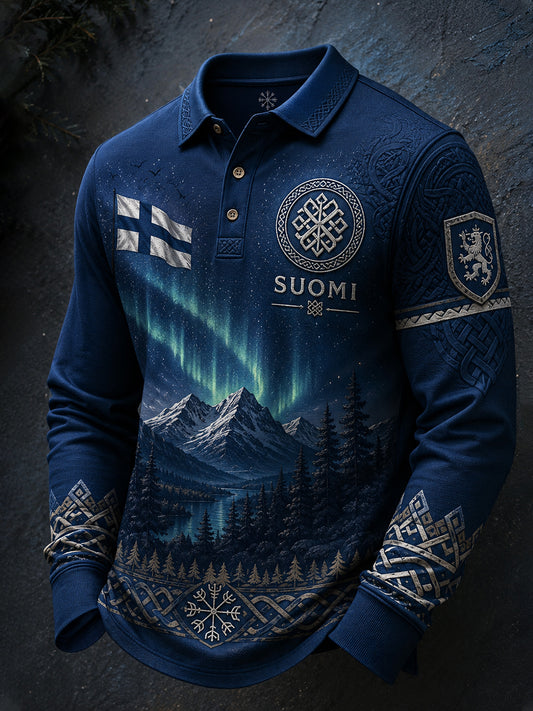 Miesten pitkähiha Polo-paita suomalaisella viikinki-inspiroitumalla graafisella tulosta
