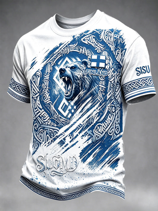 Miesten valkoinen Suomi 'Suomi' Print Casual T-paito