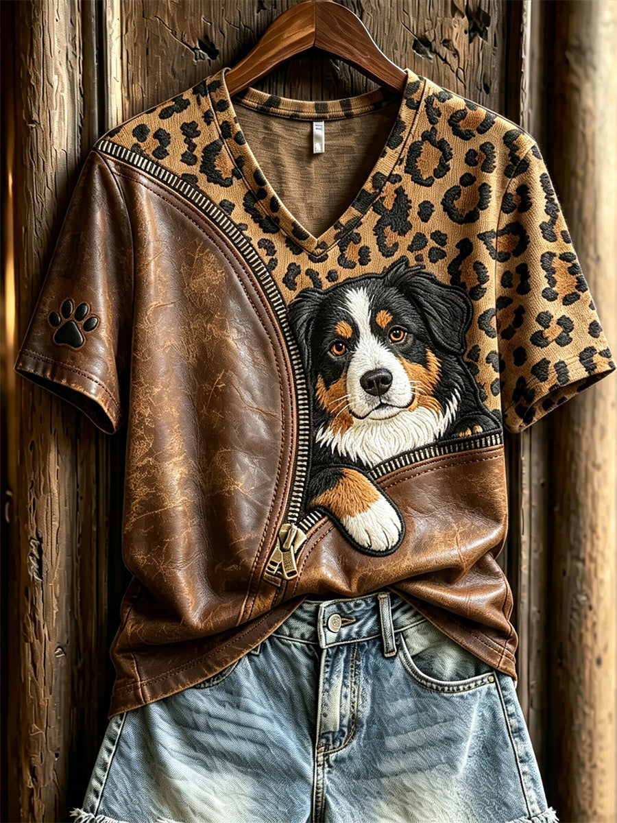 Naisten Peeking Bernese Mountain Dog Unzipped Leopard Print lyhythiha T-paita