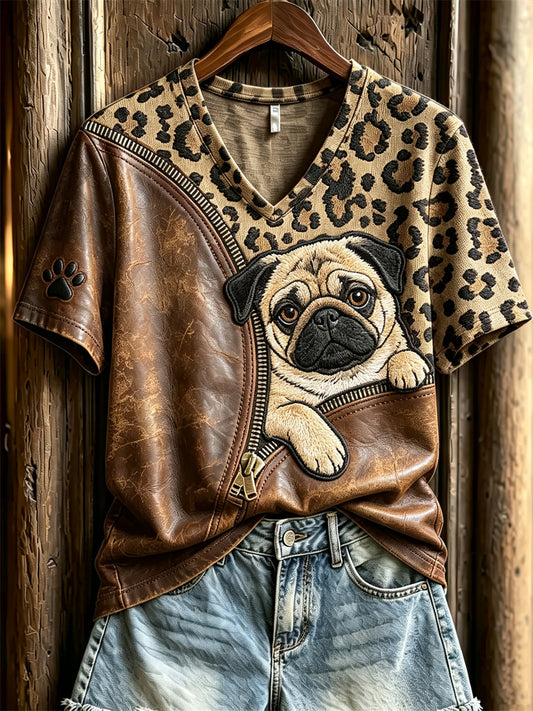 Naisten Peeking Pug Dog Unzipped Leopard Print lyhythiha T-paita