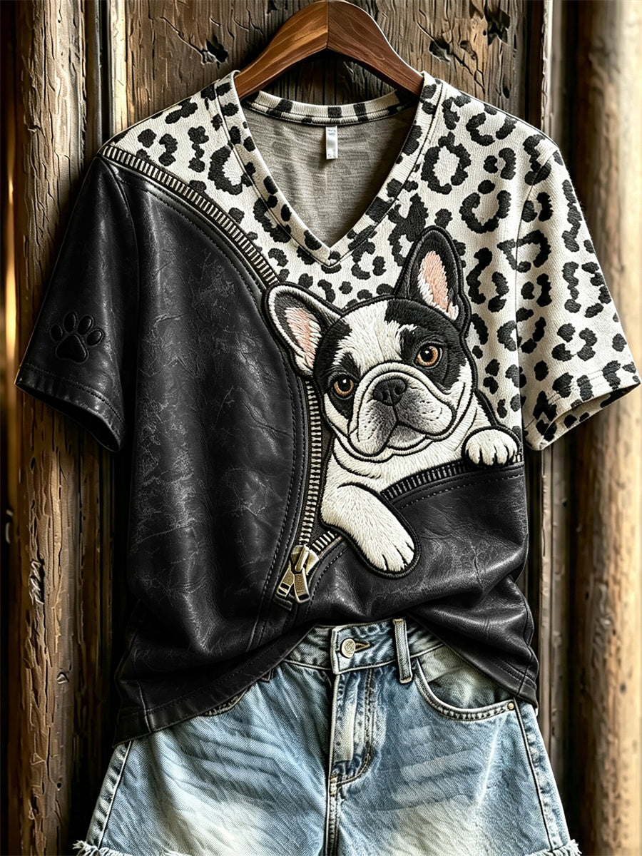 Naisten Peeking ranskalainen Bulldog Unzipped Leopard Print lyhythiha T-paito