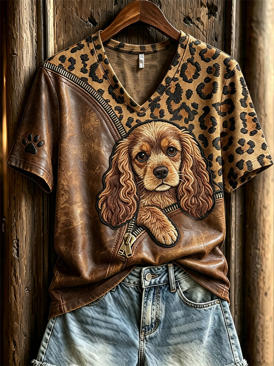 Naisten Peeking Cocker Spaniel Dog Unzipped Leopard Print lyhythiha T-paito