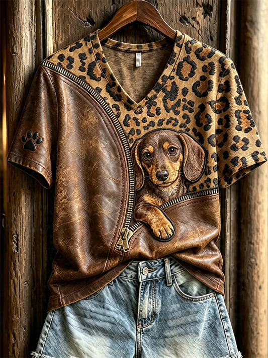 Naisten Peeking Dachkoira Unzipped Leopard Print lyhythiha T-paita
