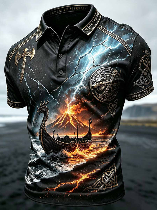 Miesten Vintage Viking Wolf Print Polo Paidan