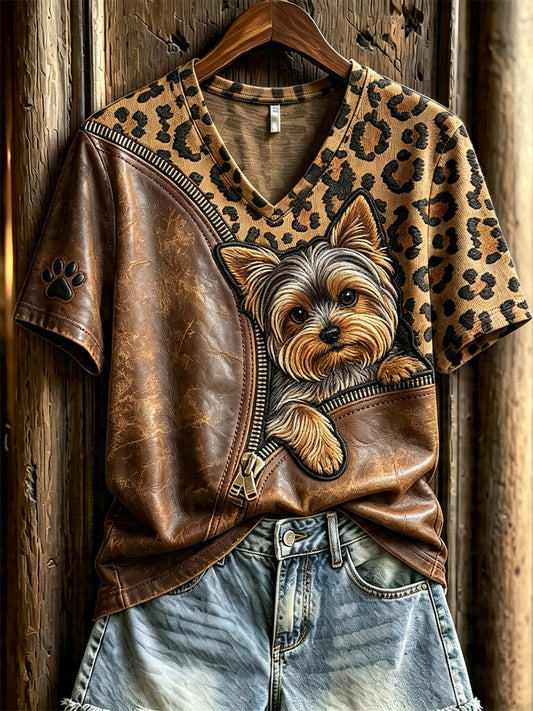 Naisten Peeking Yorkshire Terrierikoira Unzipped Leopard Print Lyhyhkeä T-paita