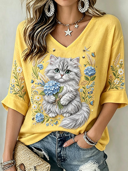 Naisten Classy Hydrangea & Cat Art Print Pellava Lyhyhkeä T-paita
