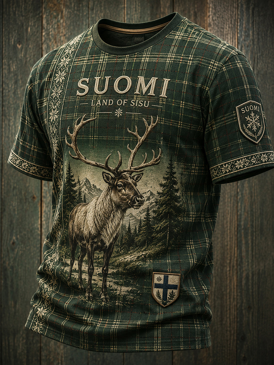 Miesten suomalainen arktinen poro luonnon elementti taidepainatus T-paita