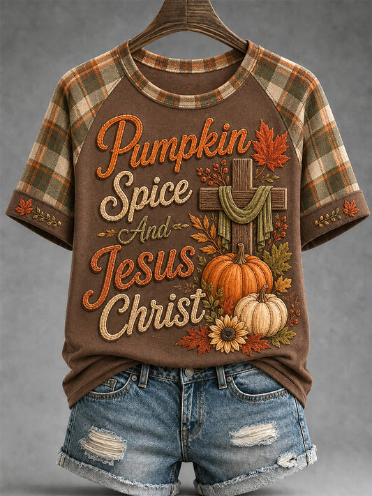 Naisten kurpitsa Spice ja Jeesus Kristus Print Casual Tee
