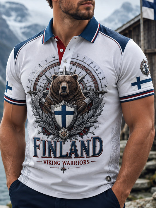 Miesten suomalainen viikinkipatrioottinen taidepainatettu polopaita