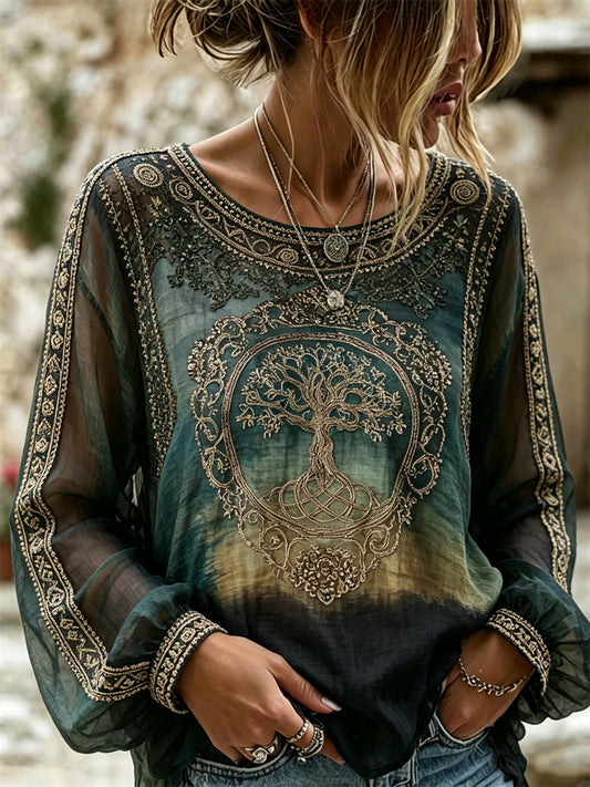 Naisten Vintage Viking puu elämän kelttinen solmu Gradient Print Puuvilla-Linen-paita