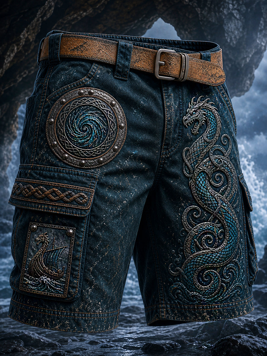 Retro Viking Nordic-Style Graphic Print Casual Cargo Houssi