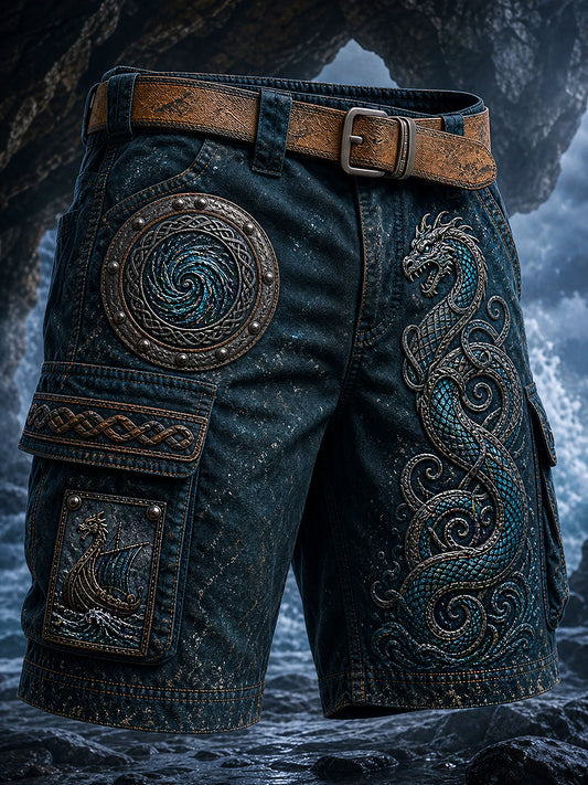 Retro Viking Nordic-Style Graphic Print Casual Cargo Houssi