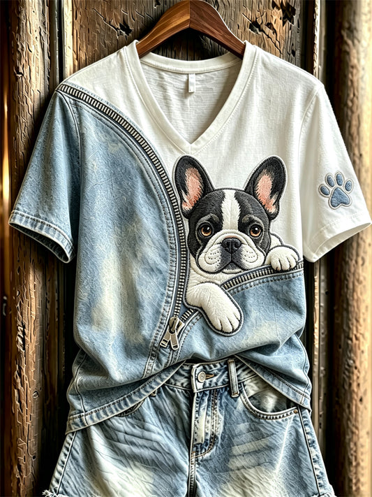 Naisten Peeking French bulldog Unzipped Denim Tulosta lyhythiha T-paita