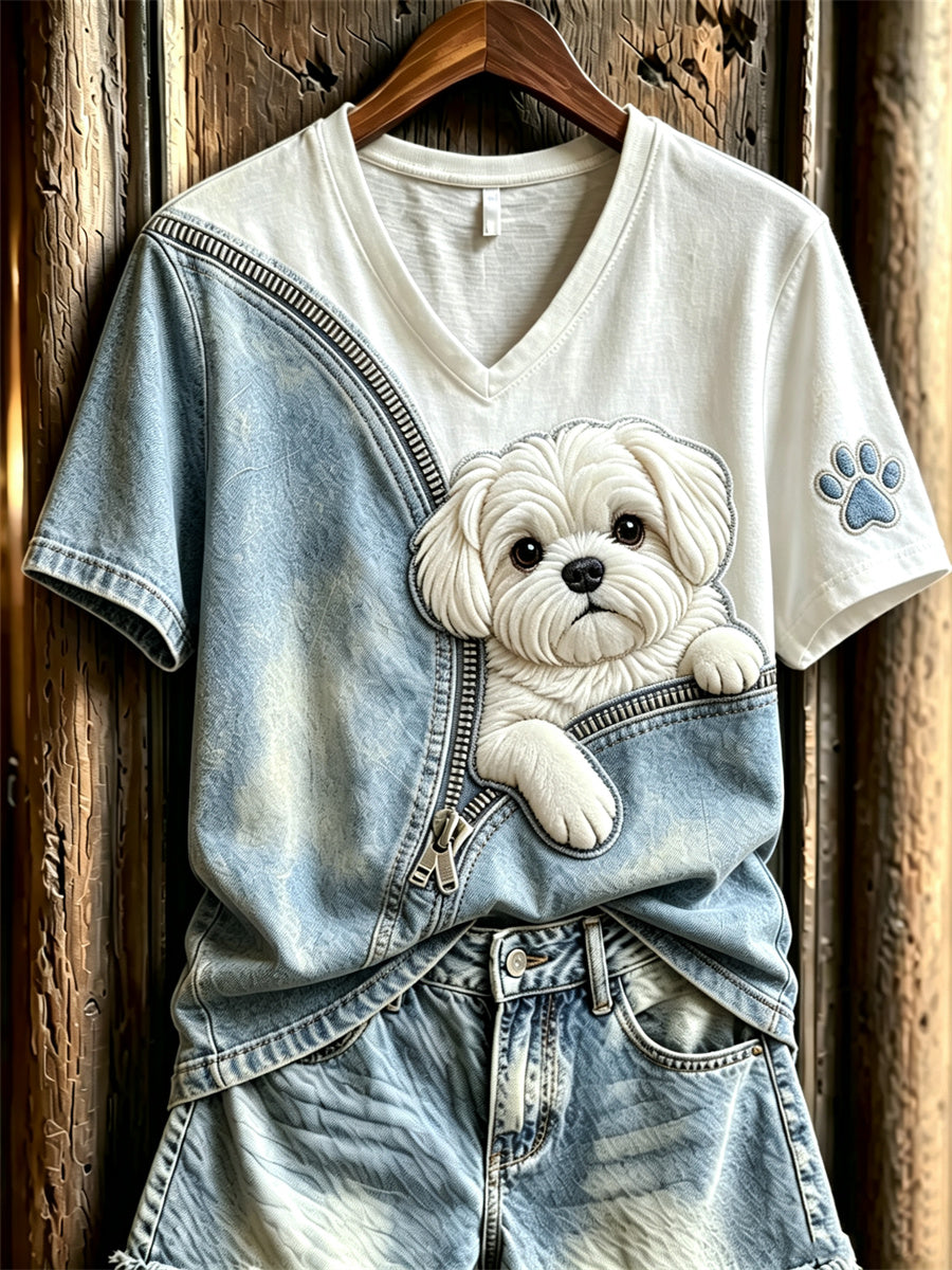 Naisten Peeking Maltese Dog Unzipped Denim Tulosta lyhythiha T-paita