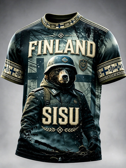 Miesten Suomen Veteran Armeija Sisu Bear Tulosta Casual ShortSleeved T-paito