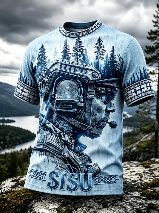 Miesten Blue Finnish Veteran 'Sisu' Print Casual T-paito