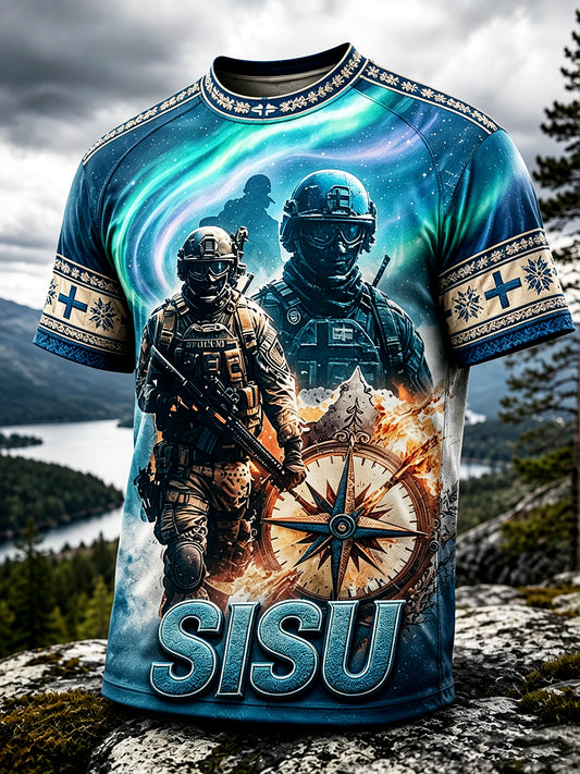 Miesten Suomen revontulet Veteran Armeija Sisu Print Casual T-paito