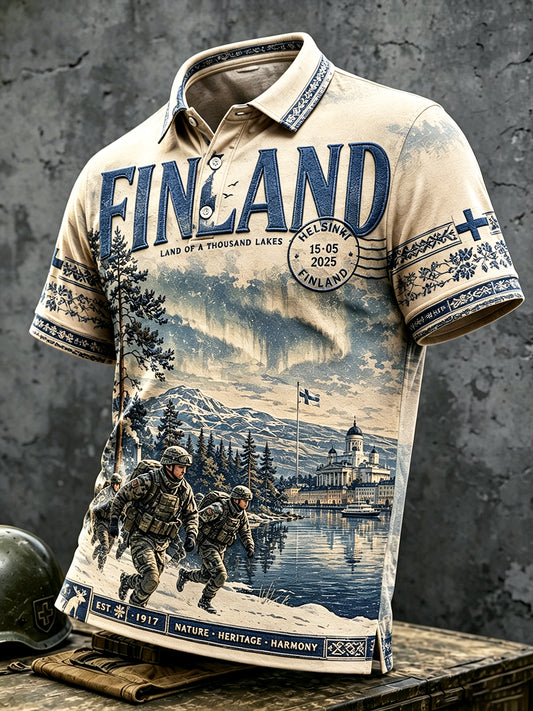 Miesten Vintage Suomen Veteran sotilas Sisu Print Casual Polo Paitalta