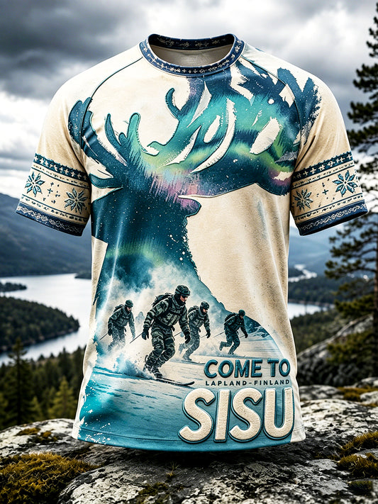 Miesten Suomen Moose Veteran Armeija Sisu Print Casual T-paita