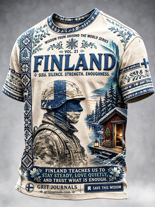 Miesten Vintage Suomen Veteran Armeija Sisu Print Casual T-paia
