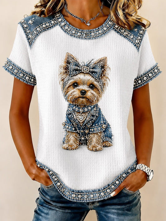 Naisten Denim Patchwork koira tulostaa vohveli Casual Tee
