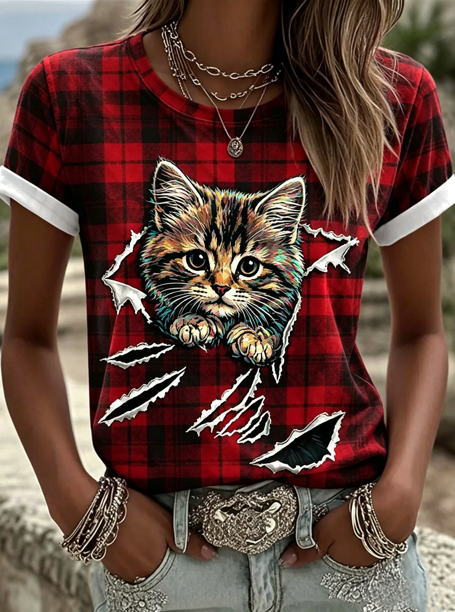 Naisten eläinten painettu Vintage Fashion Loose Lyhyt hiha T-paiti