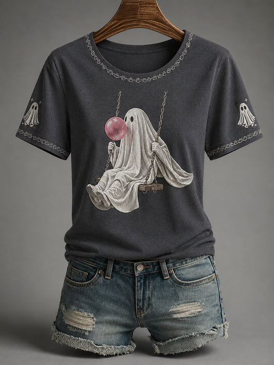 Naisten syksy kauden Halloween Ghost Print Casual Tee