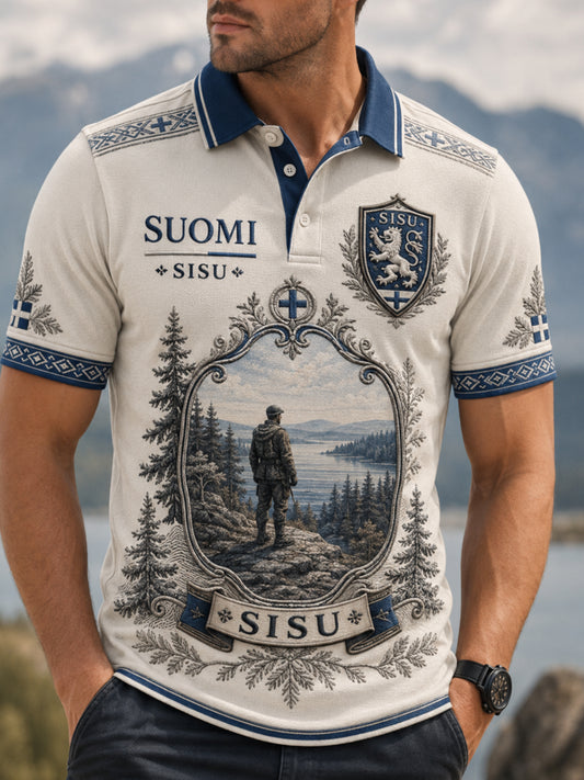 Miesten Sisu-poloartistillisella painatuksella, joka perii suomalaisten veteraanien henkeä