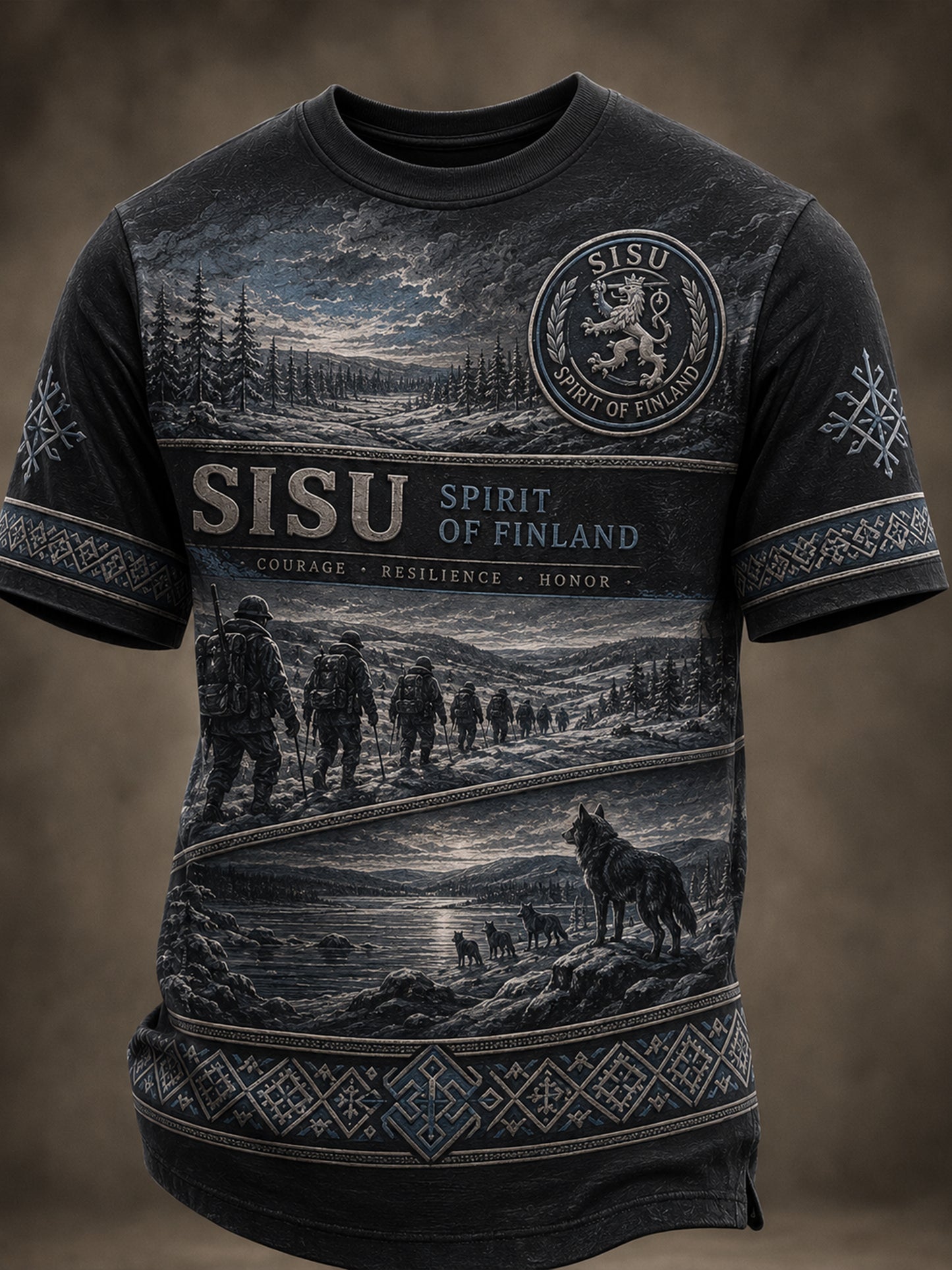 Miesten suomalainen veteraani Sisu Element Isänmaallinen taide Print T-paiti