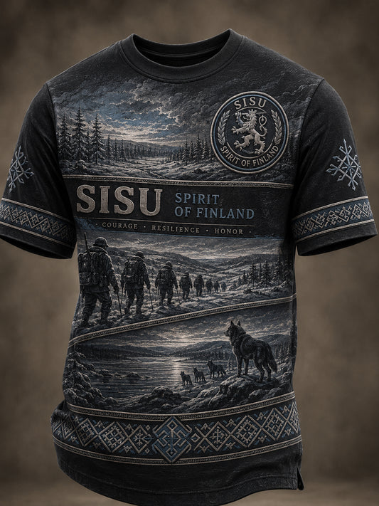 Miesten suomalainen veteraani Sisu Element Isänmaallinen taide Print T-paiti