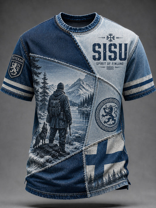 Miesten Sisu isänmaallinen taide Print T-paita Esittää suomalaisia veteraani elementtejä