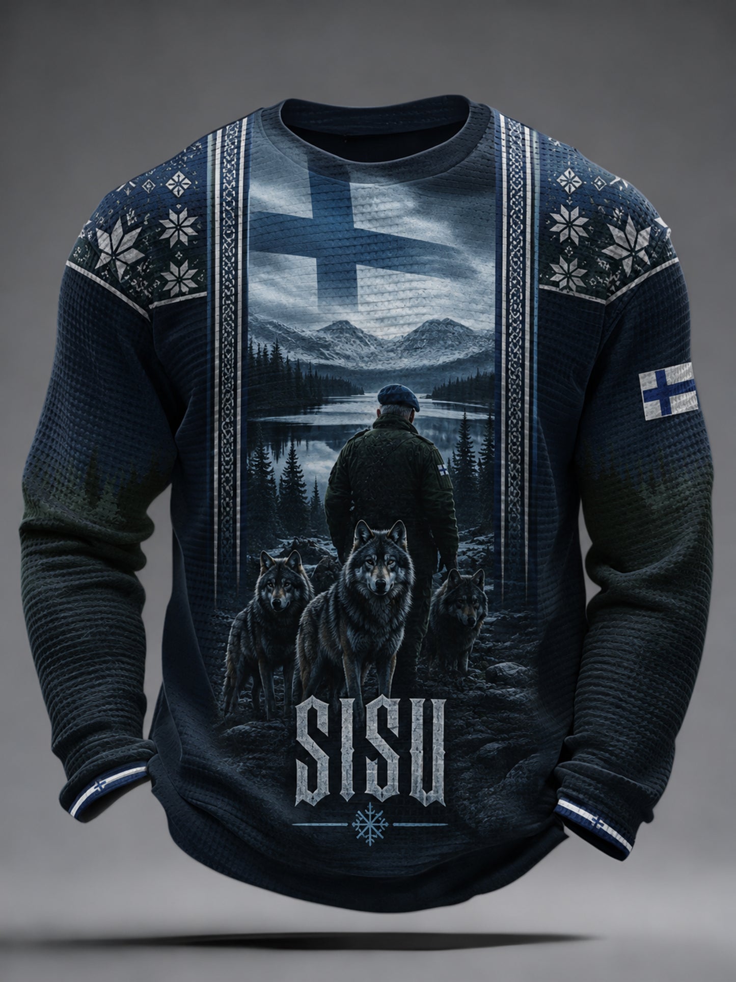Miesten suomalainen veteraani Sisu -isänmaallinen taidetuloste pitkähihainen paita