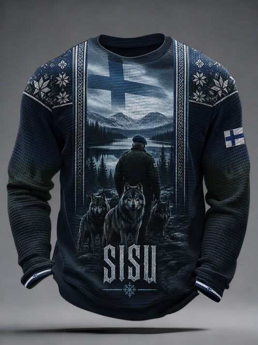 Miesten suomalainen veteraani Sisu -isänmaallinen taidetuloste pitkähihainen paita