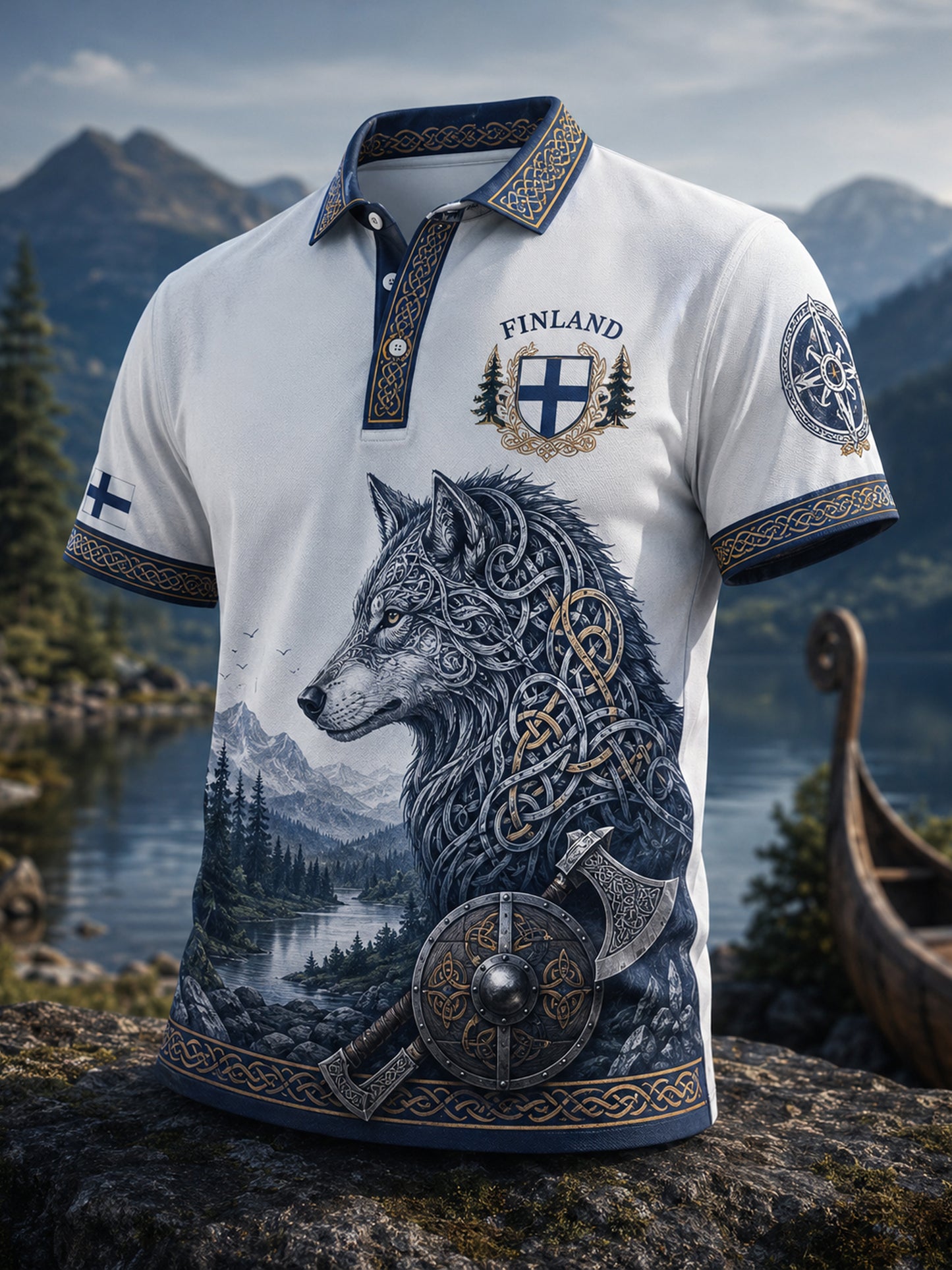 Miesten suomalainen viikinkielinen isänmaallinen taide Print Polo.