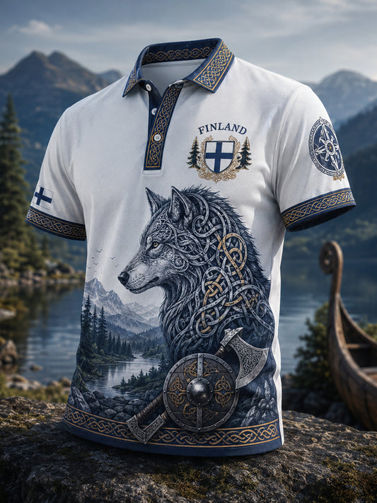 Miesten suomalainen viikinkielinen isänmaallinen taide Print Polo.