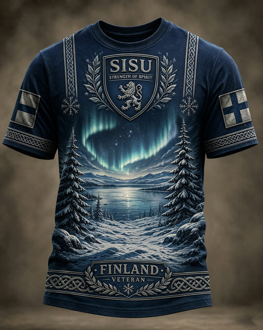 Miesten suomalainen veteraani Sisu Element -isänmaallinen taidepainatus t-paita