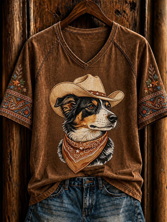 Naisten retro lännentyylinen cowboypaita koirakuosilla, lyhyillä hihoilla