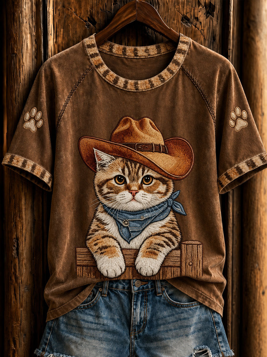 Naisten retro lännentyylinen cowboy-kissamallinen lyhythihainen t-paita