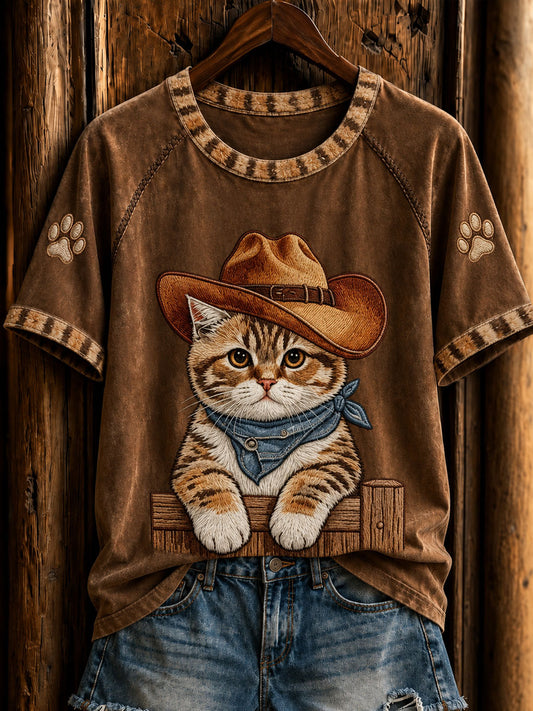 Naisten retro lännentyylinen cowboy-kissamallinen lyhythihainen t-paita