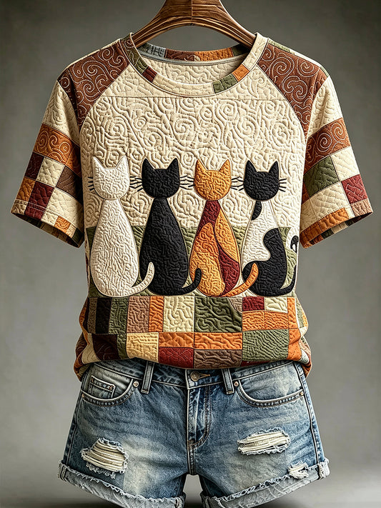 Naisten eläin kissa painettu Vintage Fashion Loose lyhyt hiha T-paita