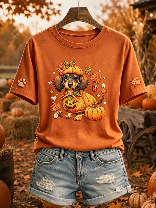 Naisten söpö koira Halloween Fall Art Printaa Lyhyhkäinen t-paita