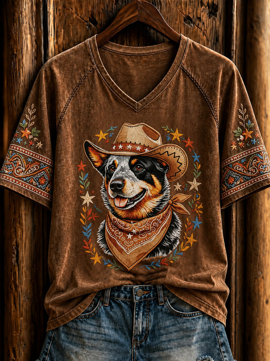 Naisten retro lännentyylinen cowboypaita koirakuosilla, lyhyillä hihoilla
