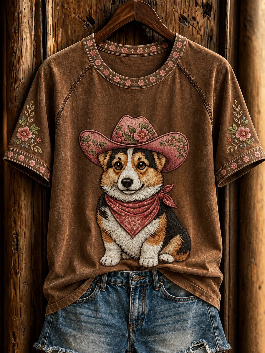 Naisten Retro Western Cowboy Dog Short Sleeve T-paita
