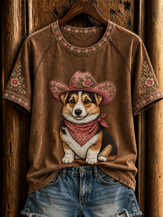 Naisten Retro Western Cowboy Dog Short Sleeve T-paita