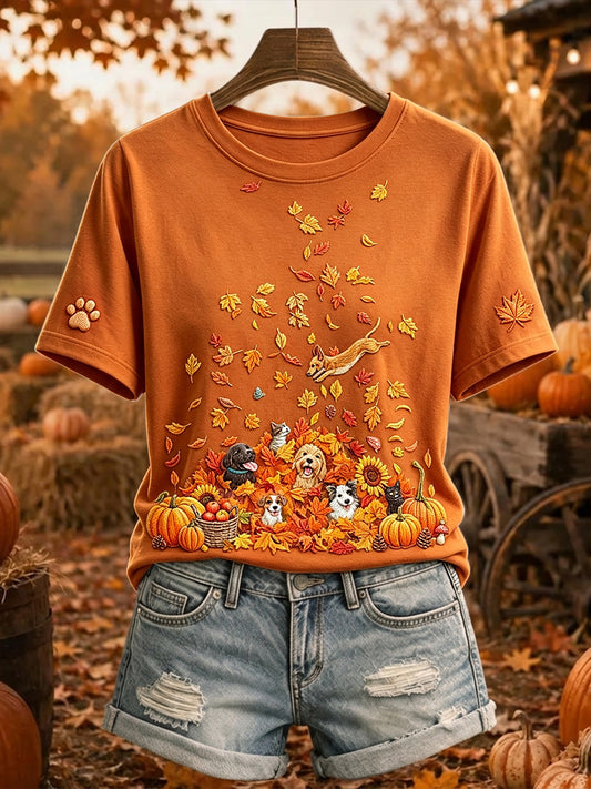 Naisten söpö koirat ja kissat Fall Art Print Short-T-paita