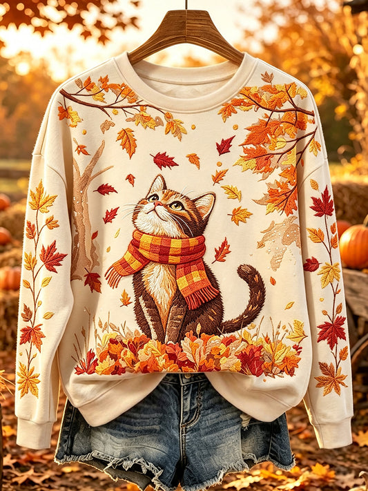 Naisten söpö Cat Fall Art Print mukava pyöreä kaula Sweatshirt