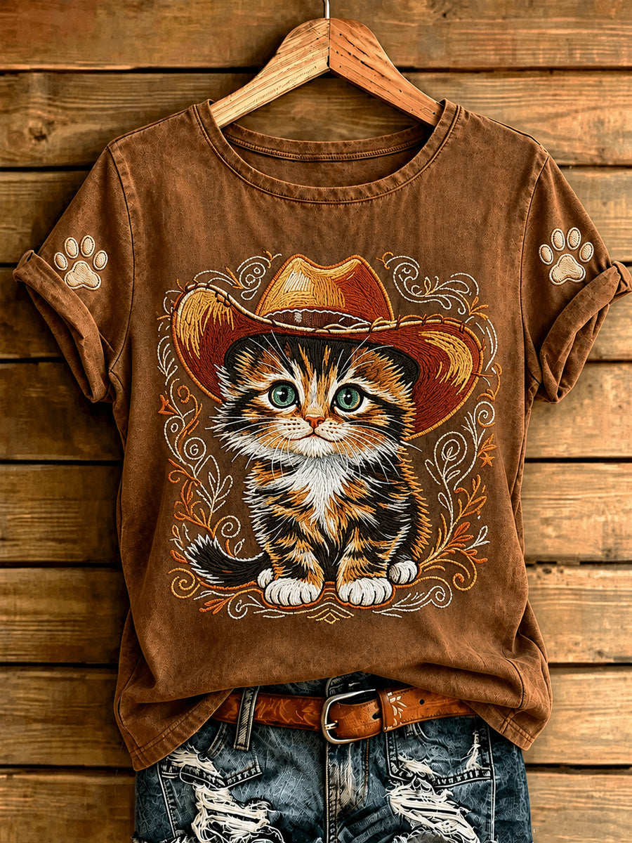 Naisten Retro Western Cowboy Cat Short Sleeve T-paito
